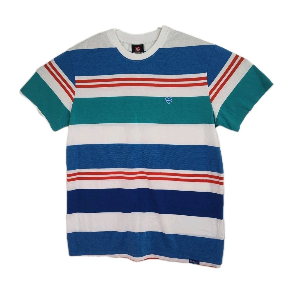 Y2K SouthPole T-shirt Men's L Blue/Green/Orange Stripes Logo Short Sleeves